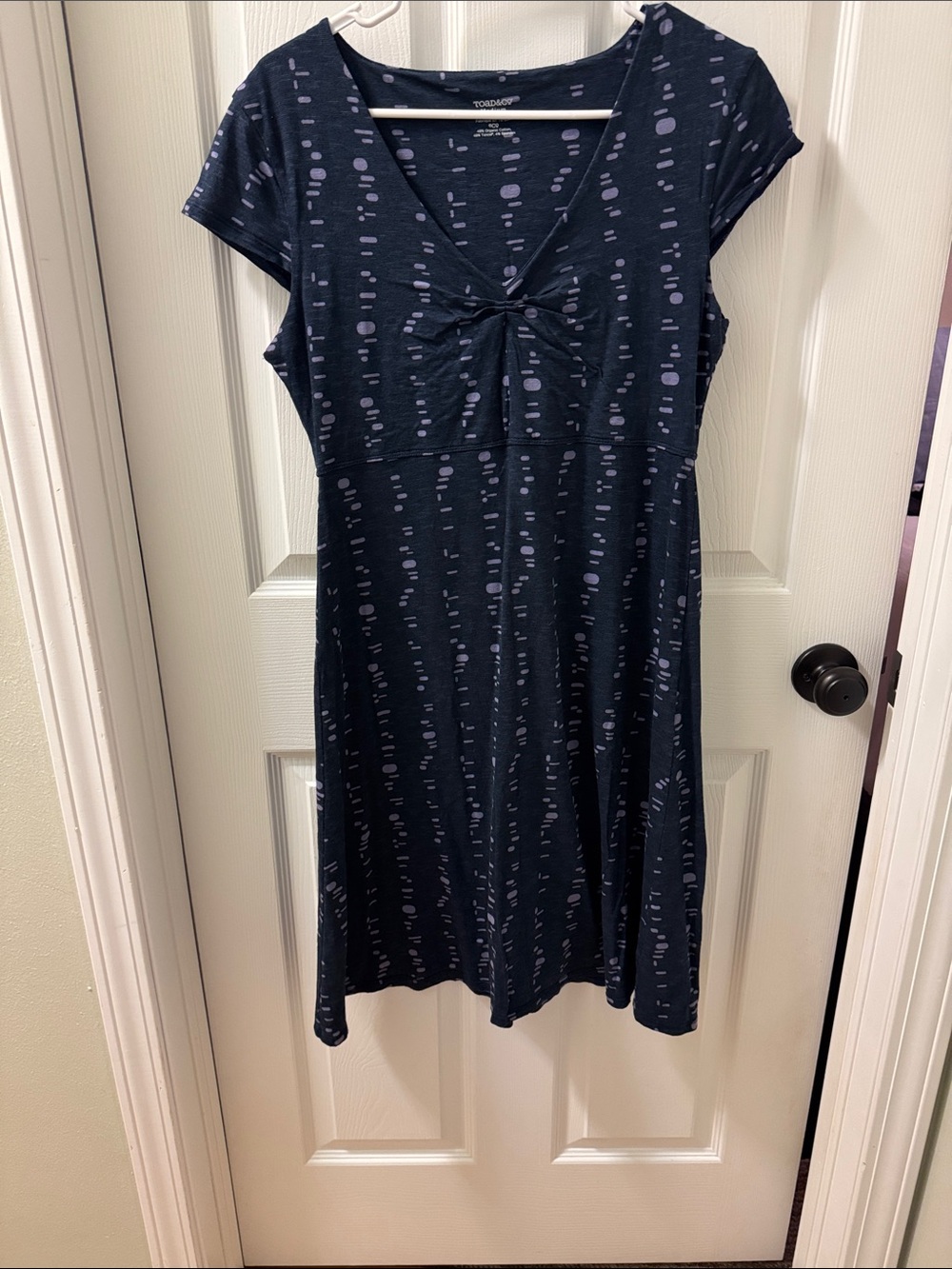 Toad&Co Navy Midi Dress with Light Blue Dot Pattern and Front Knot